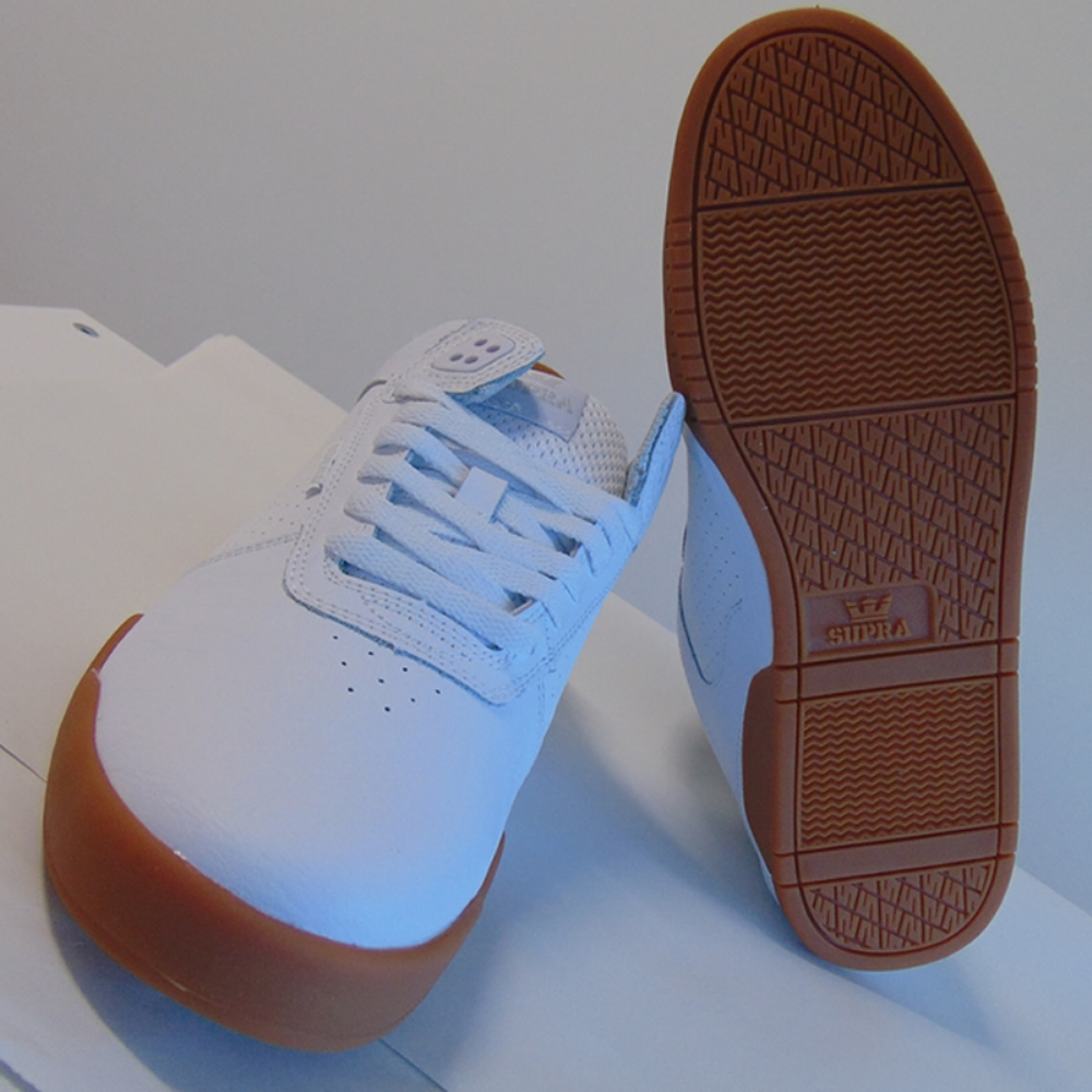 white and gum trainers